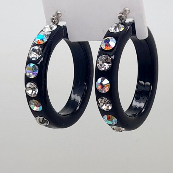 chunky black color Lucite Acrylic wide 1.5 Hoop Latch Back Fashion Earrings - Picture 1 of 4